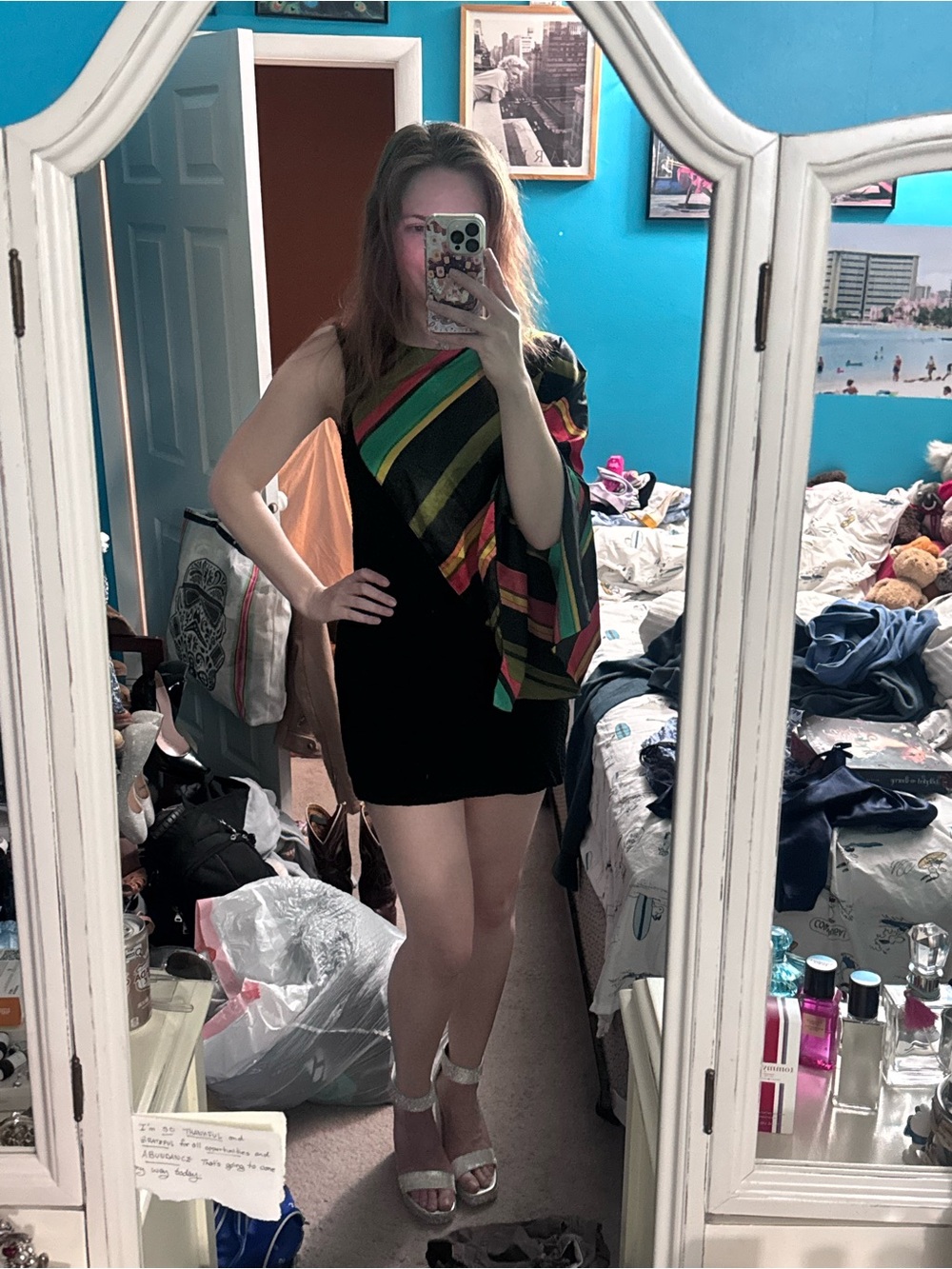 Miss Sixty Black Mini Dress with Multicolor Diagonal Stripes